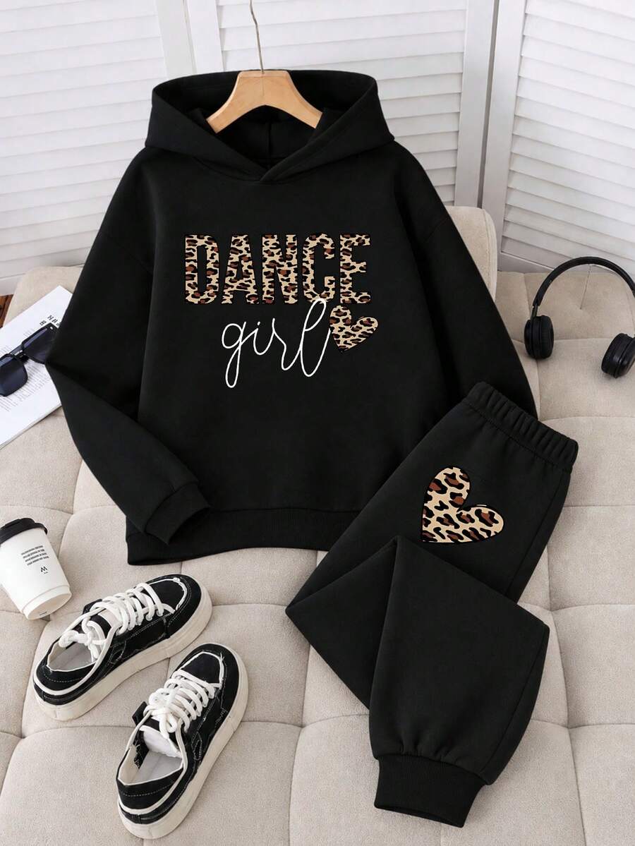 2pcs/Set Tween Girl Graphic Print Casual Fleece Hoodie Sweatshirt And Fleece Pants, Autumn/Winter Outfit - Black - View 1