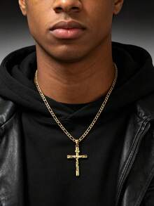 1pc Unisex Retro Cross Shape Pendant Necklace, Gold Plated Figaro Link Chain Daily Wear Statement Neck Jewelry, Gift For Men Women - Yellow Gold - View 1