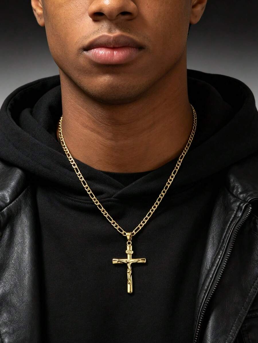 1pc Unisex Retro Cross Shape Pendant Necklace, Gold Plated Figaro Link Chain Daily Wear Statement Neck Jewelry, Gift For Men Women - Yellow Gold - View 1