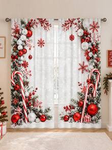 2Pcs White Background Snowy Christmas Red Candy Cane & Colorful Ball Pine Branch Print Pattern, Semi-Sheer Rod Pocket Holiday Window Curtains, Suitable For Living Room And Bedroom, Rod Not Included, Machine Washable - E - View 7