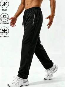 Men's Casual Sports Pants, Loose Fit Versatile Casual Long Pants, Elastic Drawstring Design Adjustable, Suitable For Daily Wear - Black - View 2