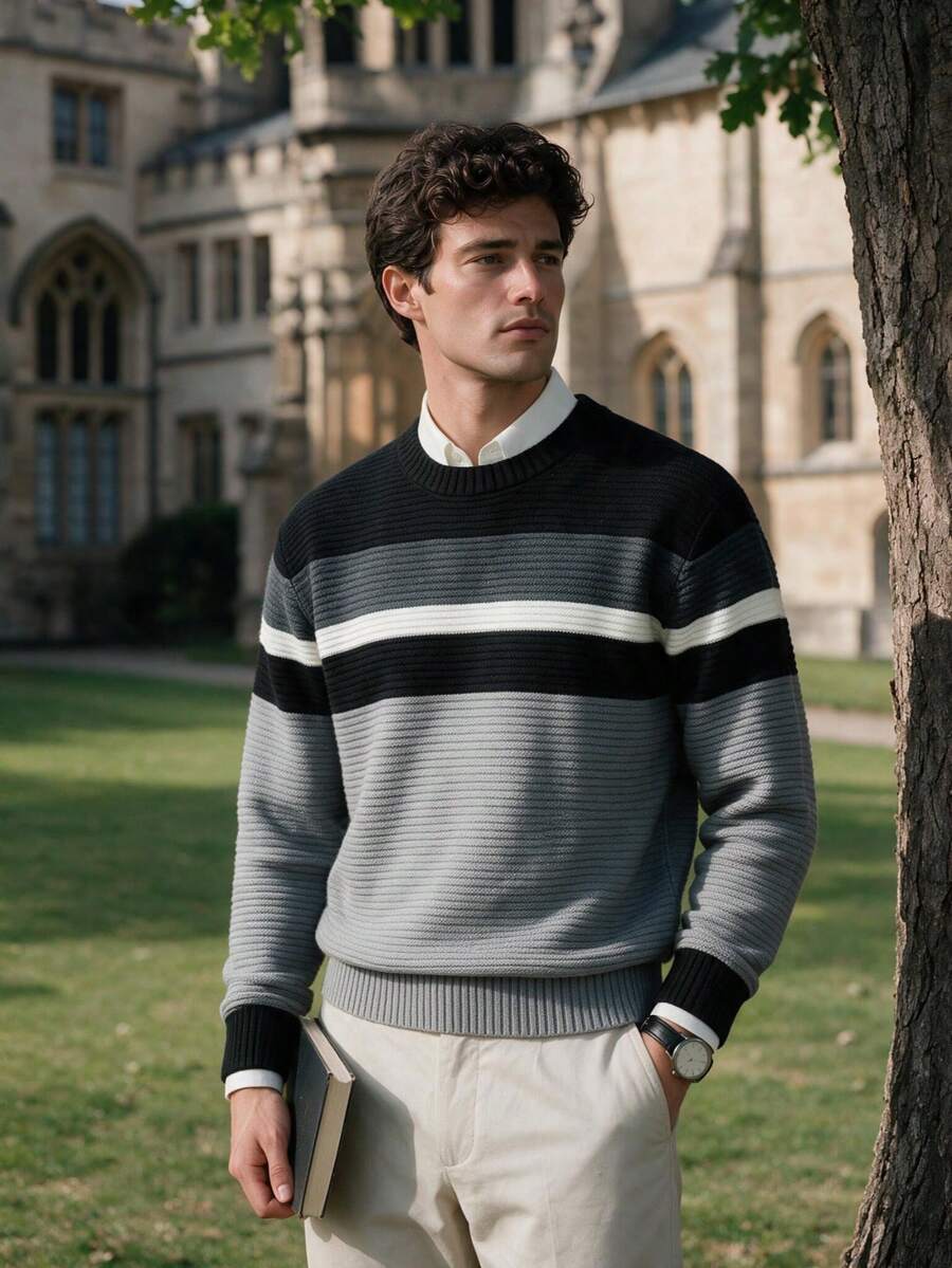 Men's Colorblock Striped Chunky Knit Texture Crew Neck Sweater, Casual Comfortable Long Sleeve Knit Pullover Top - Grey - View 1