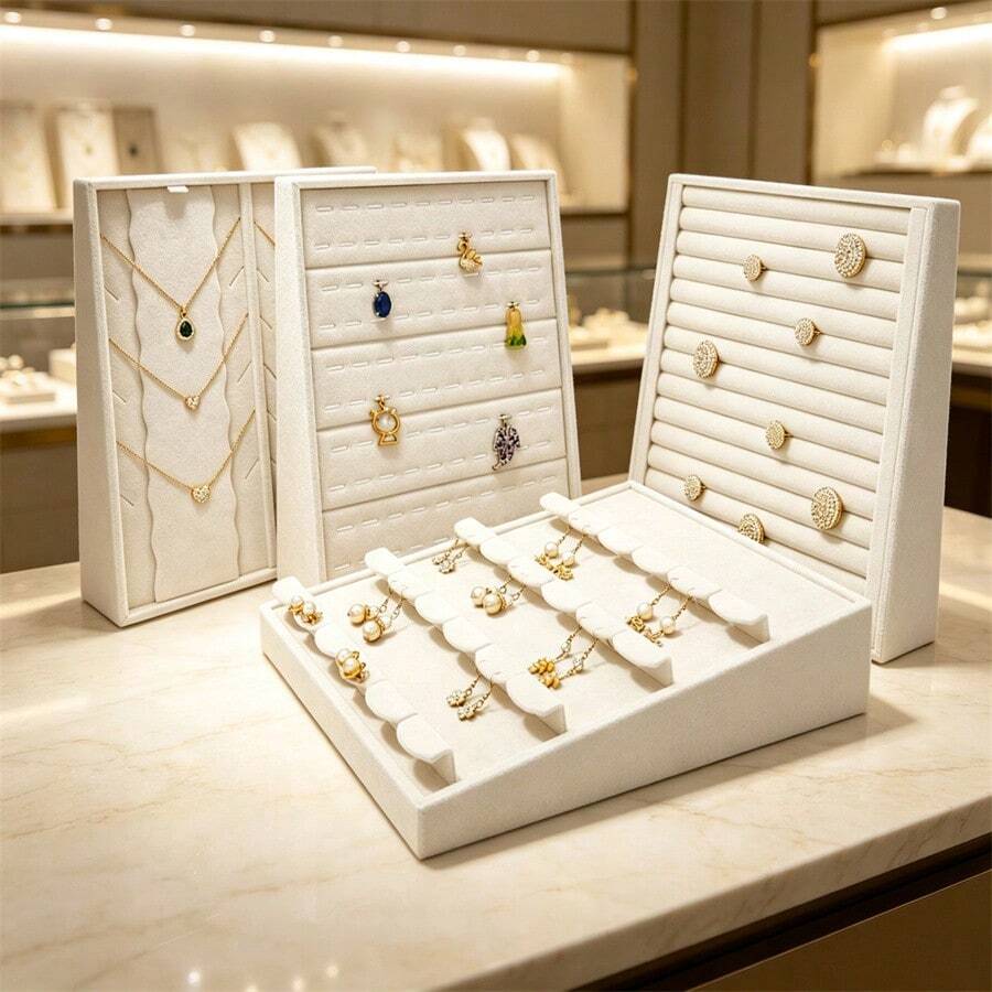 Rak Display Perhiasan Beludru Lembut, Baki Penyimpanan Kalung, Cincin, dan Anting dengan Banyak Kompartemen, Organizer Perhiasan Dekoratif untuk Meja - rak pajangan perhiasan miring - View 1