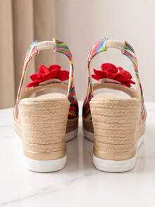 Fashion Women Rainbow Striped Wedge Sandals Red Flower Open Toe Platform Chunky Non Slip Slingback Early Autumn Vacation - Red - View 5