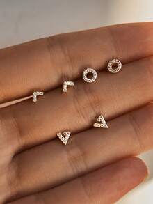 SYMFNY 6Pcs Dainty 925 Sterling Silver Micro Zirconia Inlaid LOVE Alphabet Tiny Stud Earrings For Girls Anniversary Wedding Jewelry Gift - 3-piece Set - View 2