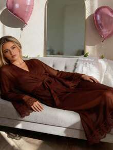 Women's Coffee Color Sheer Mesh V-Neck Lace Embroidered Long Sleeve Bustier Waist-Cinching Slit Long Dress Nightgown Set - Brown - View 3