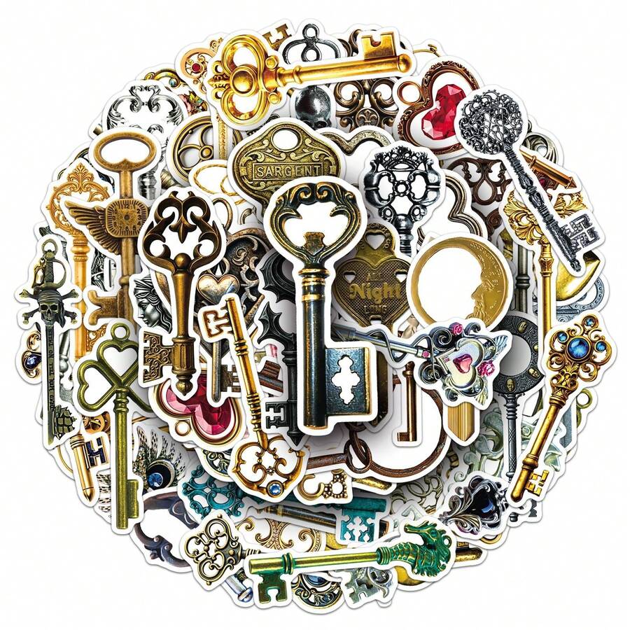 50Pcs Vintage Key Aesthetics Scrapbook Stickers Pack Funny Key Retro Decoration Merch Vinyl Waterproof Stickers For Water Bottle,Computer,Laptop,Phone,Luggage,Notebook,Fridge