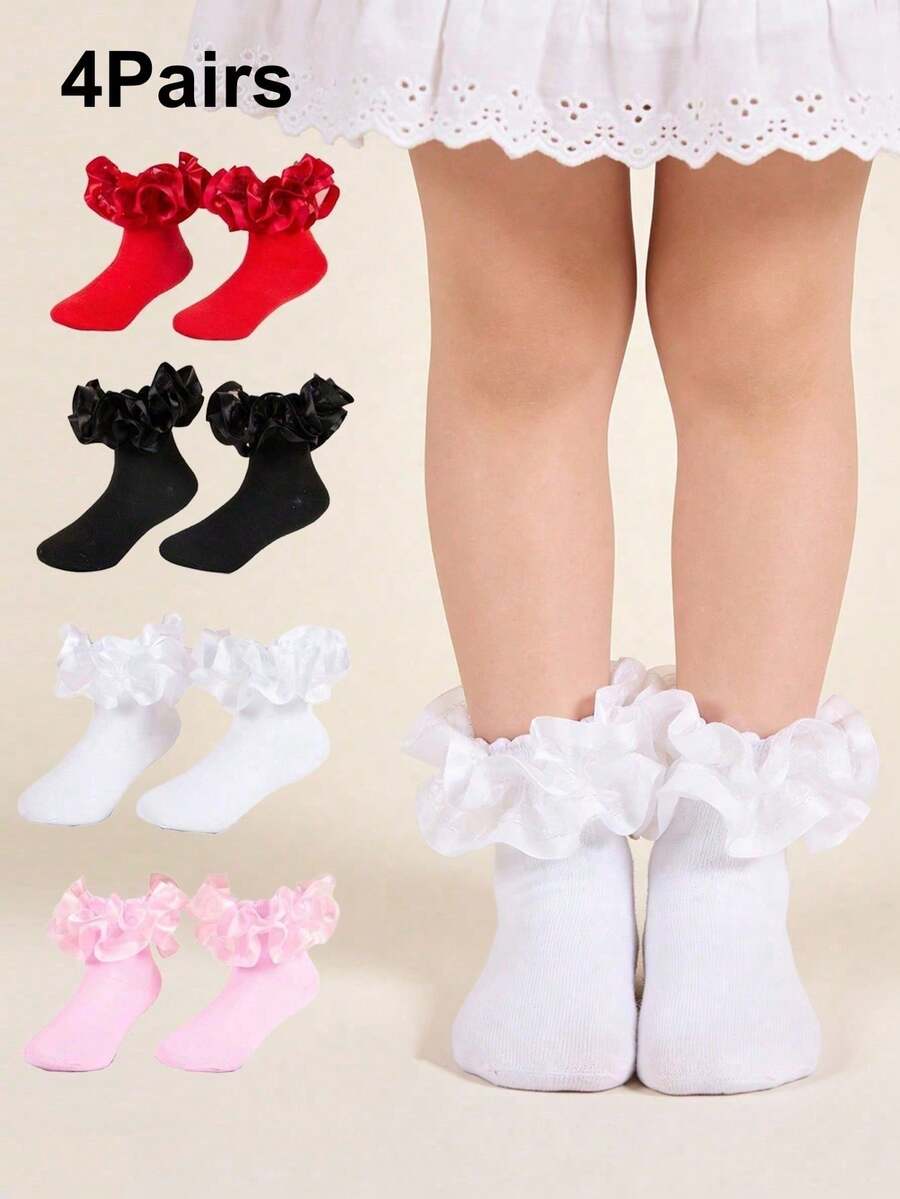4 Pairs Lace Trim Dance Socks For Girls, Mid-To-Large Size, School Party Short Socks, Spring/Summer - Multicolor - View 1