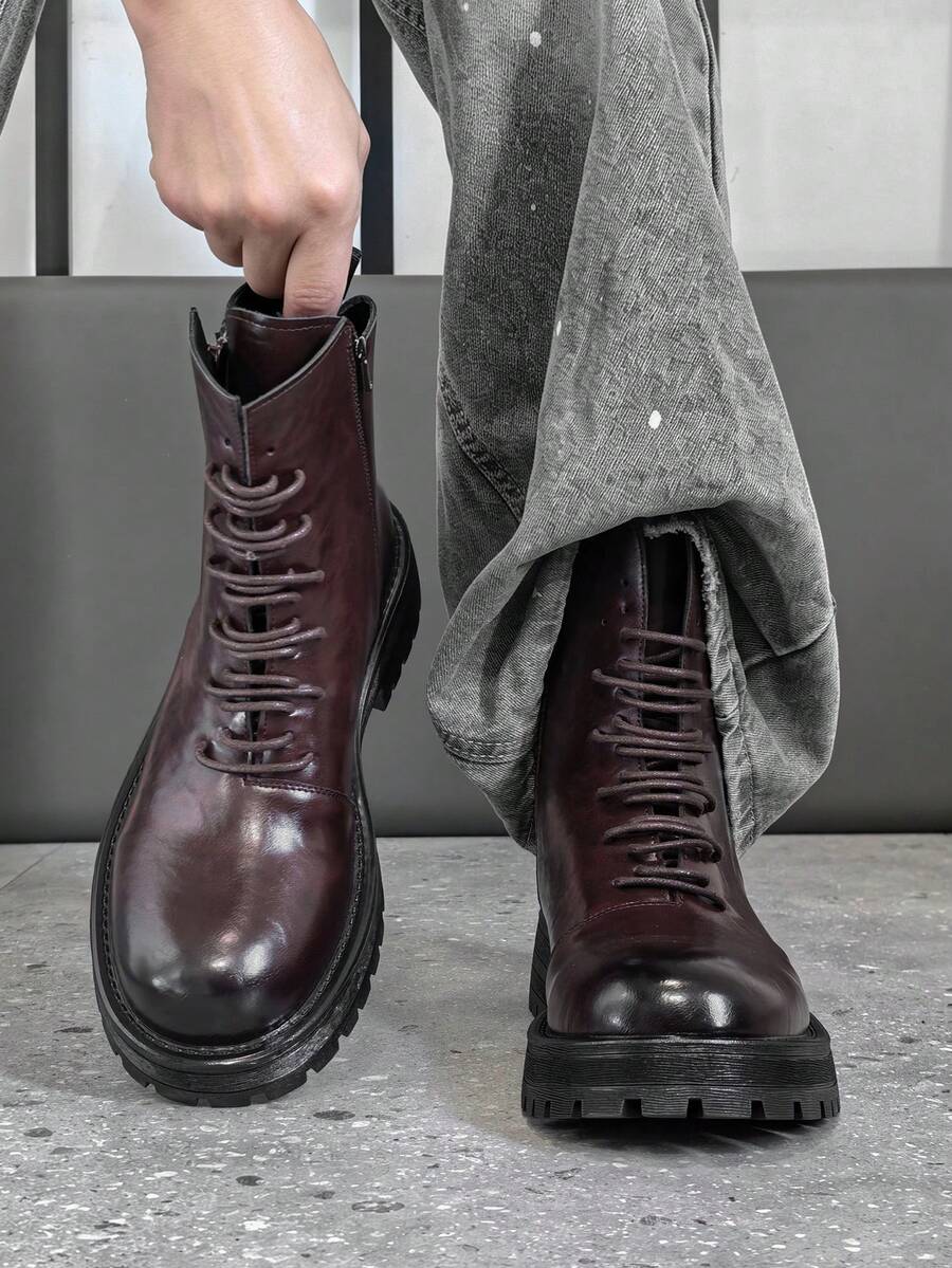 ZCZ Men's Textured Surface Lace‑Up Ankle Boots, Side Zip Thick Sole Casual Short Boots, Wine Red - Burgundy - View 1