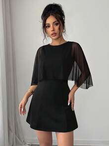 Women's Black Mesh Cap Sleeve 2 In 1 Cinched Waist A-Line Short Dress, Solid Color, Elegant - Black - View 7