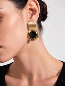 1 Pair Exquisite Vintage Tiger Eye Stone Brushed Gold Round Disc Pendant Earrings For Women, Daily Commute, Party, Ball - Earring - View 2