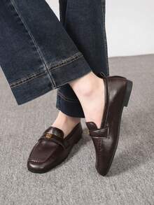 Women's Lightweight Durable Vintage Buckle Plain Square Toe Shallow Flat Loafers - Brown - View 5