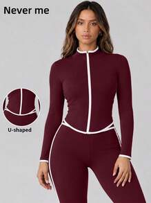 Never me Women's Half Zip Collar Sweatshirt & Loose Straight Leg Pants Casual Two Pieces Set - Rusty Rose - View 3