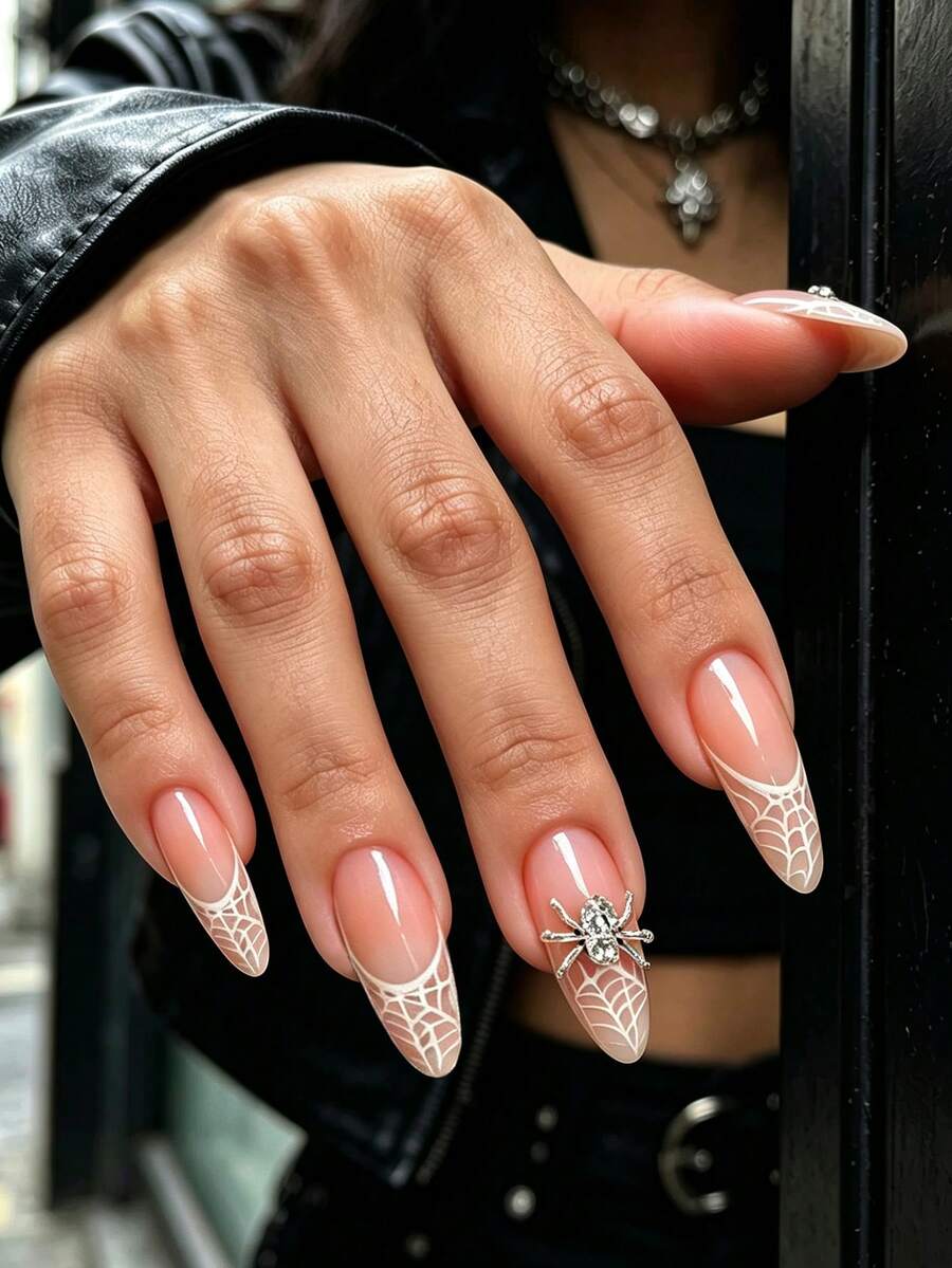 CLASSFREN 24pcs Medium-Long Almond Shape Autumn Style Press-On Nails With Spider Rhinestone Decor, Reusable Adhesive Nail Tips For Women's Daily Wear, Halloween And Party - Multicolor - View 1