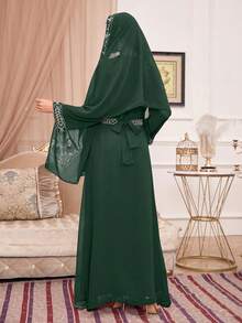 Women's Long Sleeve Elegant Sequin Evening Dress & Headscarf 2 Pieces Set Dress - Green - View 7