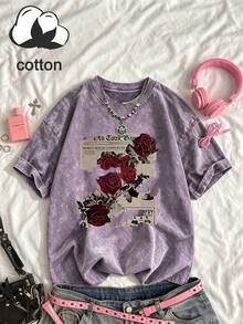 Plus Size Summer Casual Rose Newspaper Print T-Shirt Halloween Autumn Plus Size Clothing - Mauve Purple - View 10