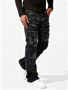 YANGCANREN Men's Fashion Slim Fit Embroidered Tassel Flare Jeans - Dark Grey - View 3