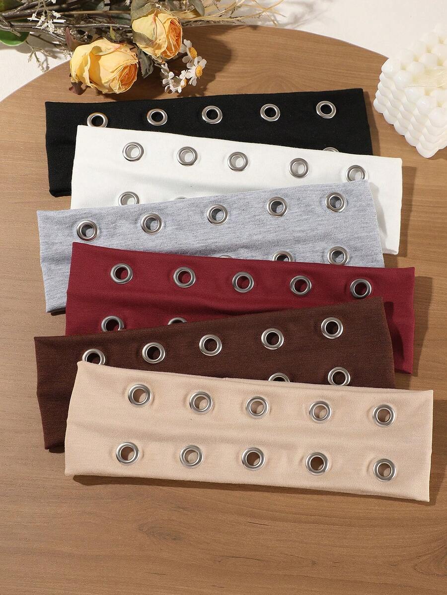 6pcs Y2K Punk Street Style Metal Eyelet Solid Color Wide Band Headbands For Women, Versatile Hair Accessories For Daily Wear, Sports, Face Washing And Photography - Multicolor - View 1