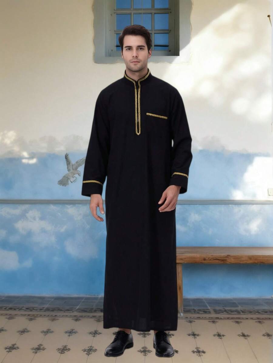قطعة واحدة من الرداء الطويل الإسلامي، تصميم ذو ياقة واقفة مع حافة منسوجة باللون الذهبي بتصميم متباين/قماش ناعم ومريح، رداء طويل عربي تقليدي فضفاض للرجال، مناسب للعيد والهالوين والارتداء اليومي العادي