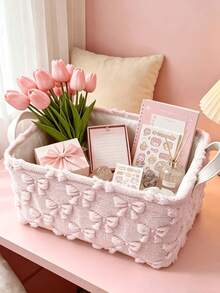 1pc Sweet Pink Bow Jacquard Fabric Storage Basket With White Leather Handle, Suitable For Home Storage, Bedroom Decor, Picnic Essentials, Travel Accessories, Kitchen Storage Solutions, And Perfect Gift Packaging Idea For Various Occasions - Multicolor - View 12