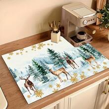 1pc Christmas Reindeer Pattern Diatomaceous Earth Absorbent Mat, Kitchen Countertop Water-Absorbing Drying Pad, Coffee Machine Mat, Pour-Over Coffee Pot Mat, Dish Drainer Mat, Non-Slip Heat-Resistant Kitchen Mat, Table Mat, Breakfast Mat, Washing Machine Mat, Home Kitchen Dining Table Coffee Shop Bar Decor Mat, Holiday Party Housewarming Gift - Multicolor - View 9