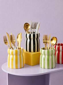 Colorful Vertical Striped Kitchen Utensil Storage Rack, Wavy Tableware Organizer Bin, Multi-Functional Countertop Organizer - Multicolor - View 5
