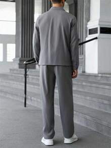 Men's Casual Versatile Woven Plain Grey Shacket Set - Light Grey - View 2