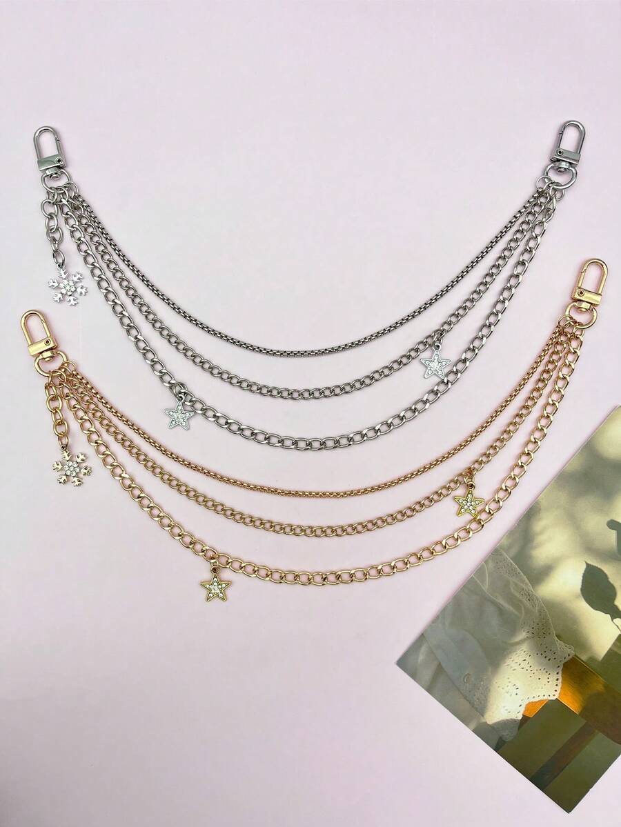 1pc Sweet Cool Style Multi-Strand Layered Chain, Sparkling Crystal Star And Snowflake Pendant Metal Waist/Pant Chain, Fashionable Draping Accessory For Jeans/Handbags/Backpacks, Streetwear Jewelry Accessory For Daily Wear - Multicolor - View 1