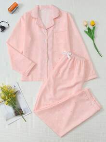 2pcs Daisy Print Pajama Set, Sweet And Cute Lapel Button Long Sleeve Top And Pants, Women's Sleepwear And Loungewear Suitable For Home Use - Pink - View 3