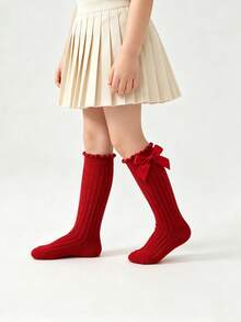 6 Pairs Girls Solid Color Bow Decor Ribbed Mid-Calf Knee-High Socks, Versatile Daily Wear JK Style - Multicolor - View 8