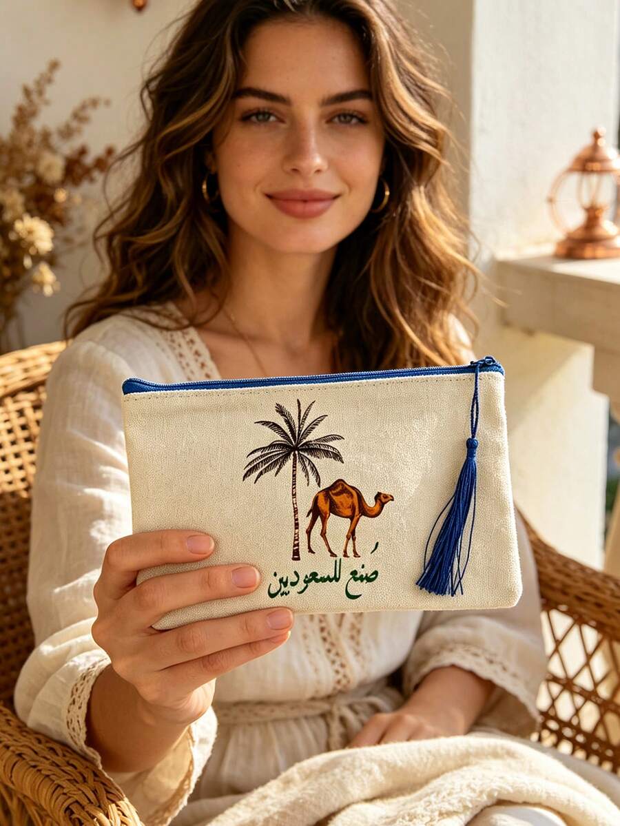 Camel And Coconut Tree Print Makeup Bag With Tassel – Reusable Cosmetic Organizer, Palm Tree Print Toiletry Bag, Multifunctional Makeup Pouch, Lightweight Coin Purse, Travel Toiletry Bag,Saudi National Day - Multicolor - View 1