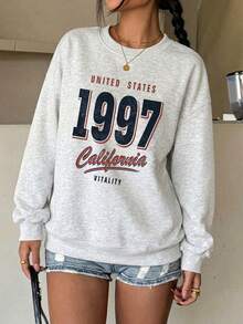"1997 California" Graphic Crew Neck Sweatshirt For Women, Loose Fit Light Gray Pullover, Suitable For Casual, Sports And Home Wear - Flower Gray - View 1