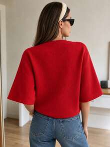 Women's Autumn Vintage Red Large Button Round Neck Knit Cardigan, Loose Fit 3/4 Sleeve Slouchy Top, Versatile Commute Outerwear Sweater Jacket - Red - View 5