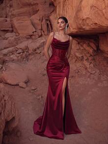 ADYCE Elegant Spaghetti Strap Lace Patchwork High Waist Pleated Slit Backless Floor Length Maxi Dress, Suitable For Ball, Evening Party, Date, Wedding Guest, Dinner, Autumn - Burgundy - View 7