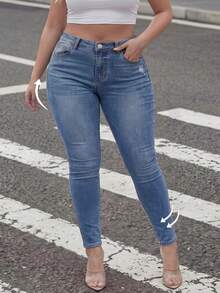 Autumn Fashion Slimming Plus Size Women's Casual Daily Commute Minimalist Versatile Distressed Skinny Jeans - Blue - View 8