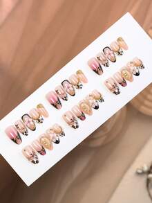10pcs French Leopard Print Almond Shape 3D Carved Y2K Hot Girl Nail Stickers, Metallic Gold Texture Small Steel Ball Decoration, Handmade Wearable Fake Nails - Multicolor - View 3