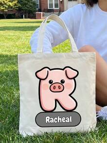 Custom Animal Initial Canvas Tote Bag, Personalized Name Cute Cartoon Letter Shoulder Bag, Reusable Thickened Canvas Handbag, Suitable For Shopping, Beach, Travel, Daily Gift - Multicolor 3 - View 6