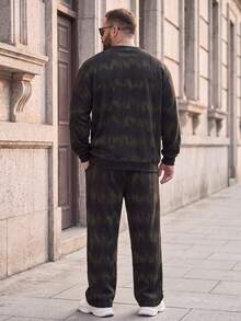 Plus Size Men's Autumn Casual 2 Pieces Set, Textured Jacquard Crew Neck Top And Wide Leg Pants Sports Outfit - Black - View 6