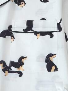 2pcs Black & Brown Dachshund Print Pajama Set, Sweet & Cute Lapel Button Long Sleeve Top And Pants, Women's Sleepwear And Loungewear For Home Use - White - View 5