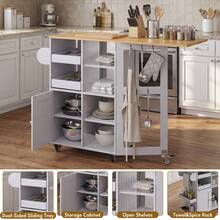 Kitchen Island On Wheels W/Drop Leaf,Kitchen Trolley W/ Towel&Spice Rack,Dual-Sided Sliding Tray,StorageCabinet,Open Shelves,Hooks,Serving Cart Storage Trolley For Kitchen,Dining,Living Room - Grey - View 5