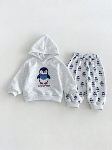 Miniweenns 2pcs/Set Baby, Toddler & Boys Cute Penguin Print Outdoor Casual Long Sleeve Hoodie Set, Hoodie + Penguin Print Pants, Suitable For Spring And Autumn - Apricot - View 8