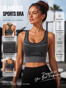 Women's Grey Heather Seamless Knit High Elastic U-Neck Racerback Sports Tank Top Gym Fitness Workout Sleeveless Cropped T-Shirt - Grey - View 4