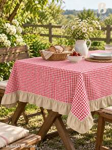 Bubaba 1pc Red Plaid Ruffle Edge Tablecloth, Vintage Country Christmas Rectangular Dining Tablecloth, Beige Ruffle Edge, Bohemian Kitchen Holiday Decor - Red - View 10