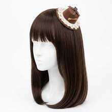 1pc Vintage Mini Fascinator Hair Clip, Brown Ruffle Lace Polka Dot Bow With Retro Key Decor, Small Party Hair Accessory For Cosplay And Tea Party - Multicolor - View 2