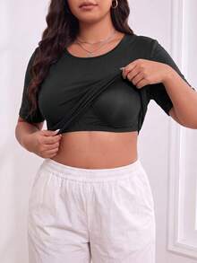 1pc Women Plus Size Built-In One-Piece Cup T-Shirt Fixed Padded Short Sleeve Tops - Black - View 2