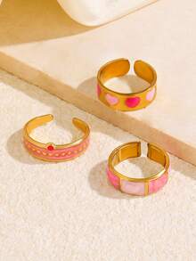 3pcs Stainless Steel Pink Personalized Elegant Geometric Bamboo Joint Heart Rings Set, Suitable For Women's Daily, Holiday, Date, Shopping Wear - Multicolor - View 3