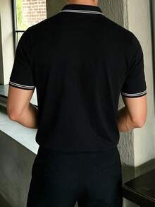 Men's Summer Casual Versatile Slim Fit Regular Shoulder Zipper Short Sleeve Polo Shirt - Black - View 2