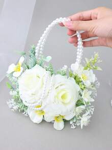 1pc Faux Pearl Double Hoop Bouquet, Artificial White Rose & Greenery Handheld Flower, Bridal Wedding Photo Prop - White - View 9