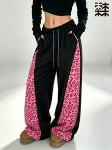 mulinsen Women's Straight Leg Sweatpants, Elastic Drawstring Waist, Pink Leopard Print Side Stripe Casual Joggers - Baby Pink - View 9