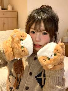 1 Set Cute Orange Cat Gloves Set, Thick Long Fur Fabric Soft And Skin-Friendly, Windproof And Heat-Locking, Suitable For Outdoor Commuting, Shopping And Travel. Cartoon Adorable Cat 3D Design, Gloves With Hanging Rope To Prevent Loss, Flip Cover For Finger Exposure Convenient For Phone Operation, High-Value Aesthetic Accessory, Suitable For Girls' Daily Wear, Christmas, Birthday, Best Friend Holiday Warm Gift, Essential For Autumn And Winter Warmth. - Multiple Styles - View 9